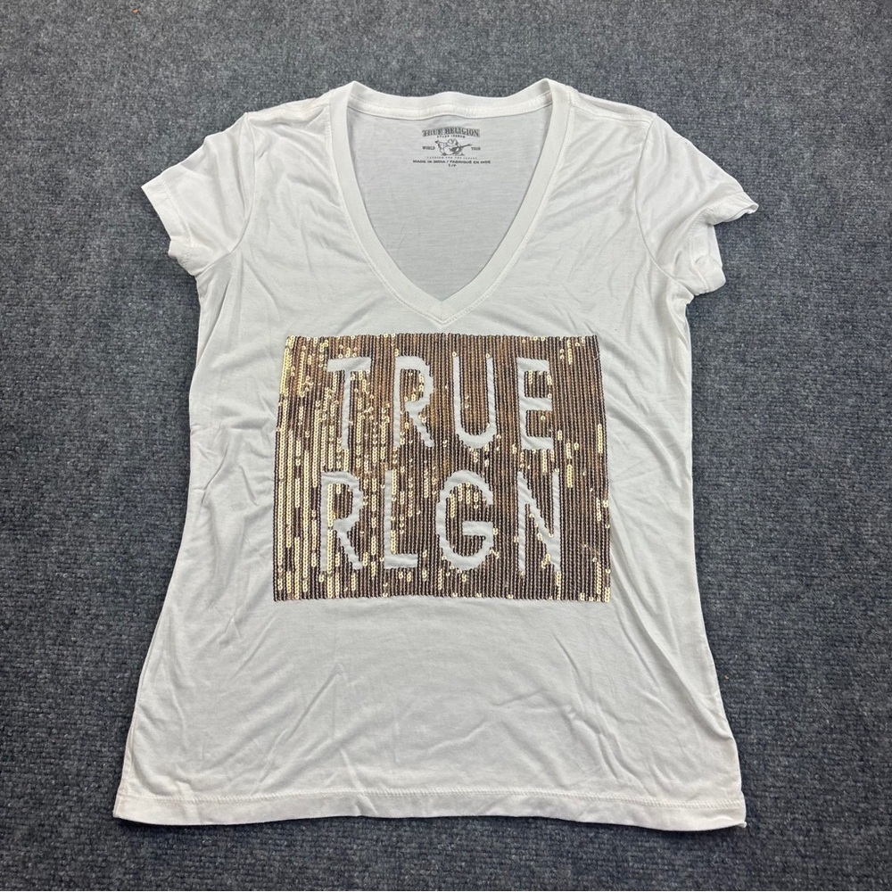TRUE RELIGION Women’s White V-Neck Gold Sequin Logo Shirt size: Small